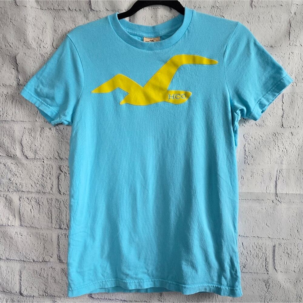 Hollister‎ Y2K Vintage Blue Yellow Bird Velvet Logo Patch Graphic Tee Small